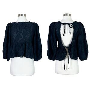 NEW Free People | Callie Puff Sleeve Flocked Open Tie Back Peplum Crop Top XS